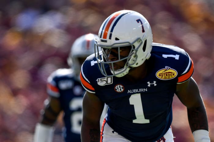 Jan 1, 2020; Tampa, Florida, USA; Auburn Tigers defensive end Big Kat Bryant (1) awaits the snap during the first quarter against the Minnesota Golden Gophers at Raymond James Stadium. Mandatory Credit: Douglas DeFelice-USA TODAY Sports